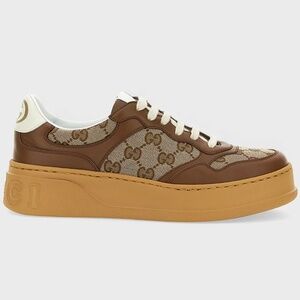 GUCCI WOMEN'S CANVAS AND LEATHER GG SNEAKERS SIZE 36 1/2 EU ( 6,5) BROWN.